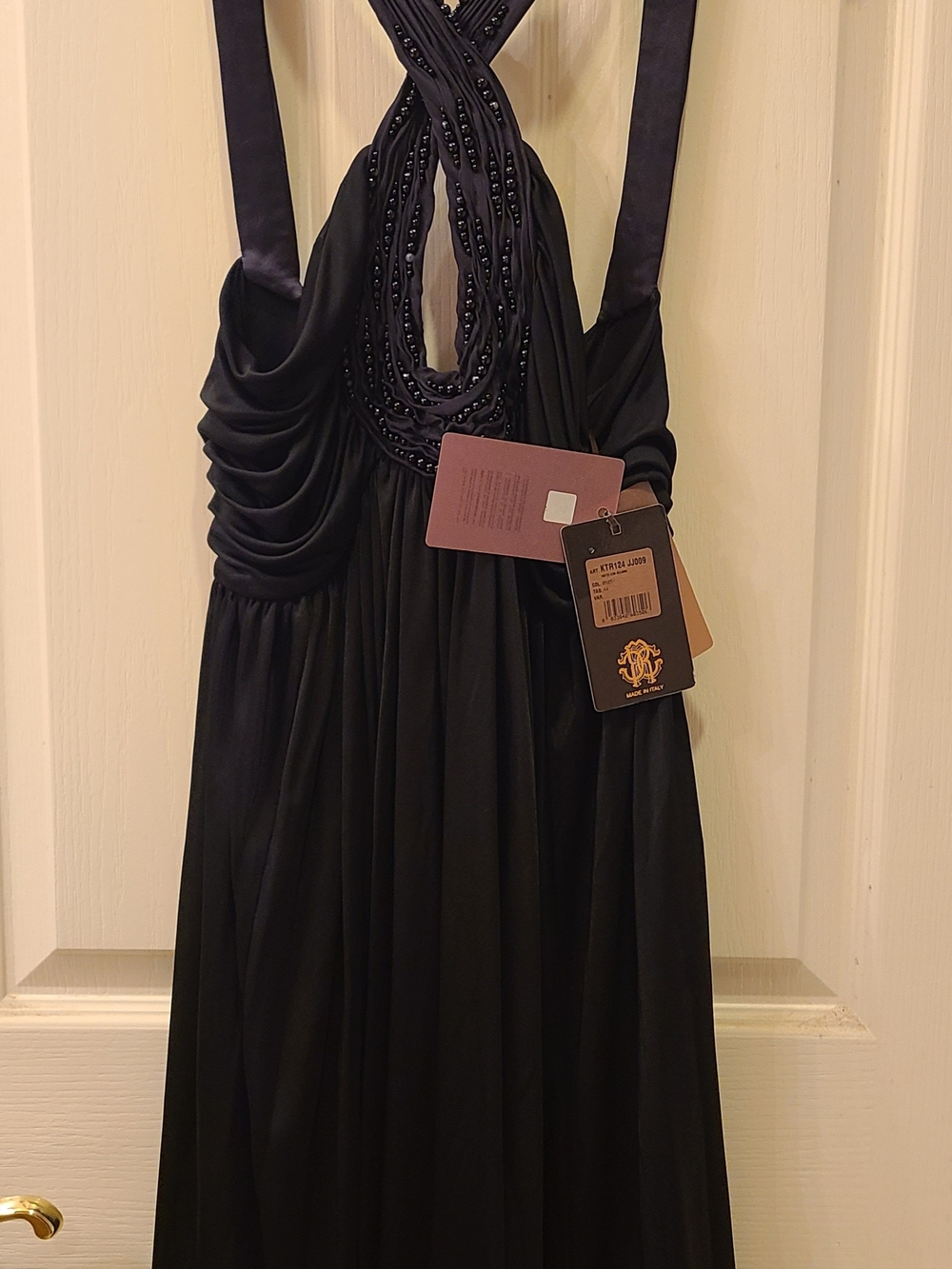 Roberto Cavalli Black Ruched Evening Dress with Branded Hardware
